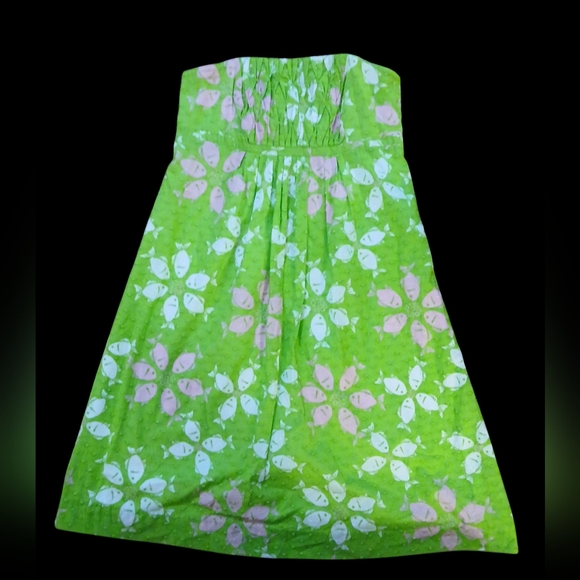 LILLY PULITZER strapless Green A-line Riding The Waves Dress with Fish Print. - Picture 1 of 13